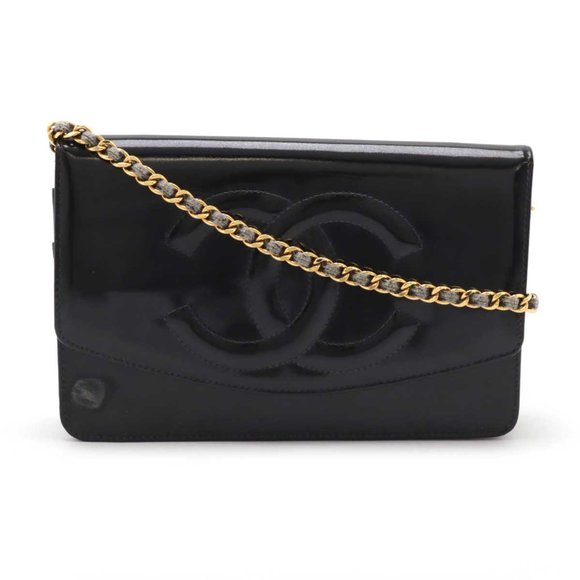 Chanel Handbags - CHANEL Coco Mark Chain Wallet Shoulder Bag Pochette Enamel Patent Leather Black
